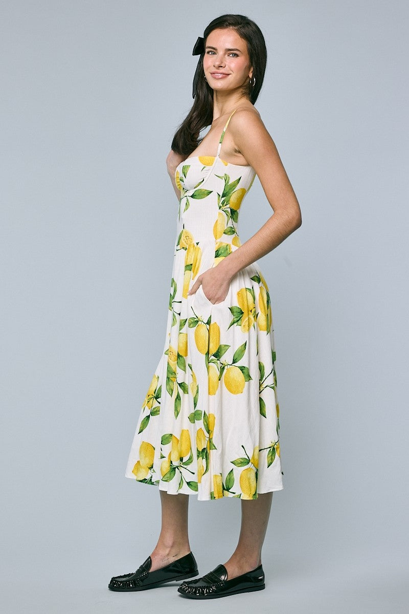Fresh Lemon Print Midi Dress