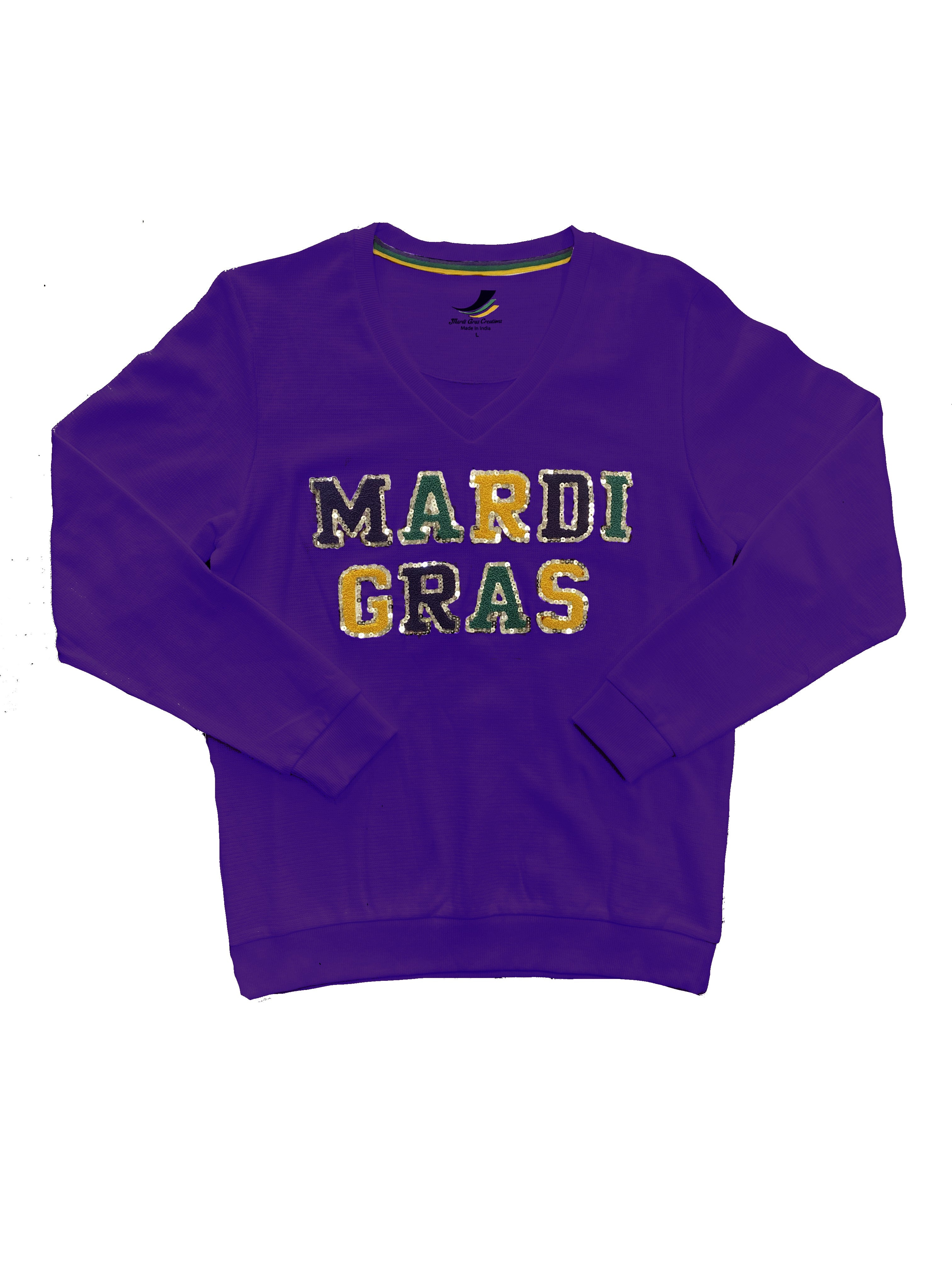 IP8601J-03 Mardi Gras Letter Patches and Glitter Pullover