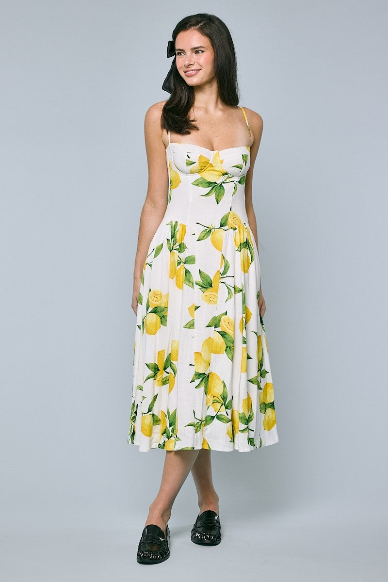 Fresh Lemon Print Midi Dress