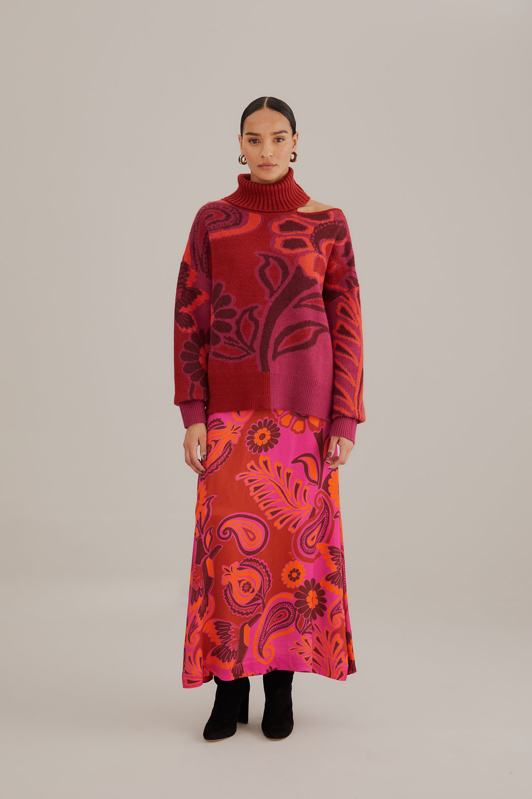 Bold Floral Pink Satin Maxi Skirt