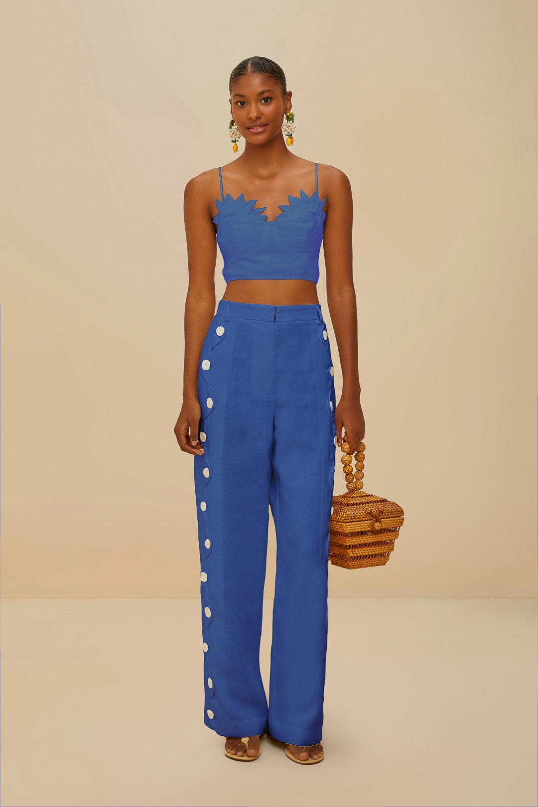 Blue High Waisted Wavy Buttoning Pants