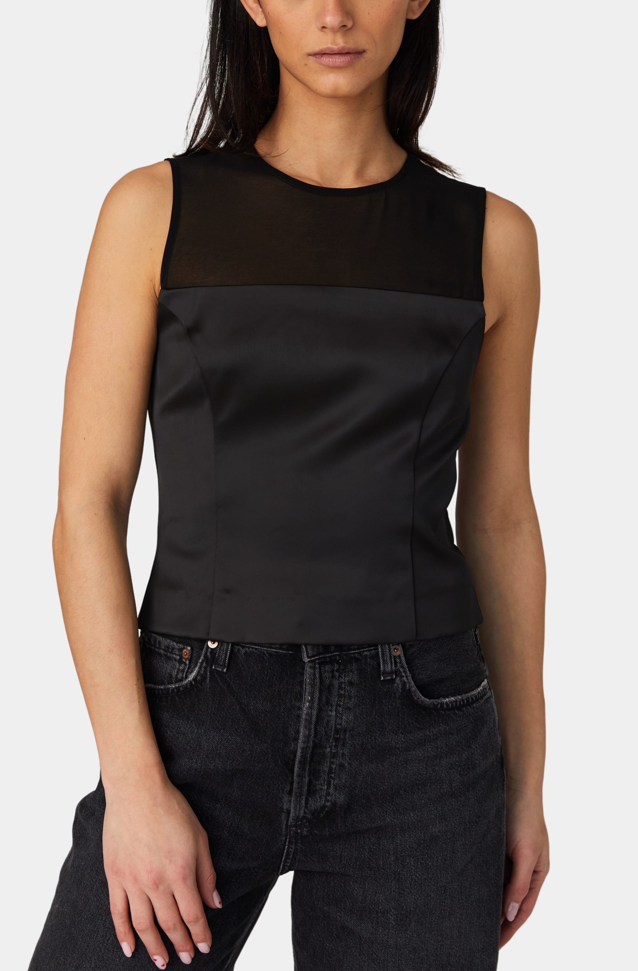 Structured Satin Sleeveless Crew