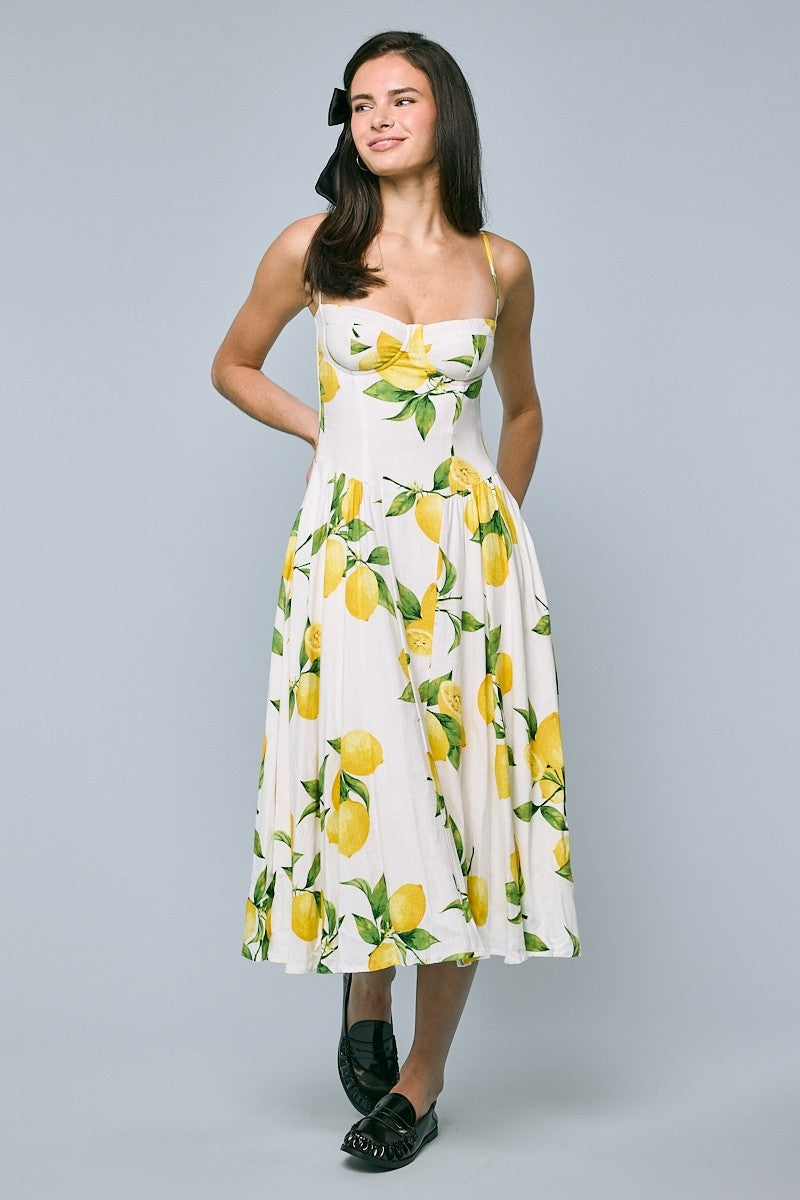 Fresh Lemon Print Midi Dress