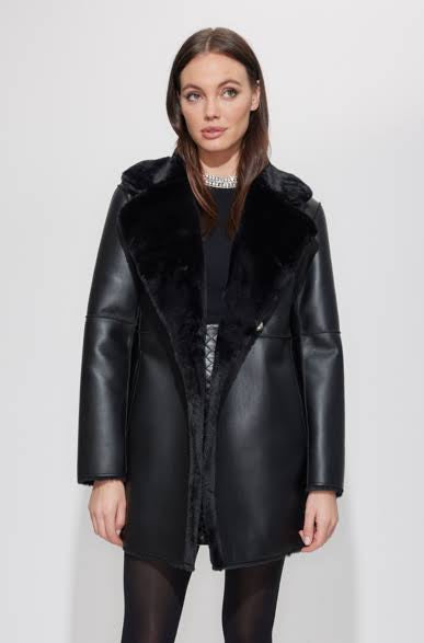 Megan Reversible Faux Fur Shearling Coat in Black