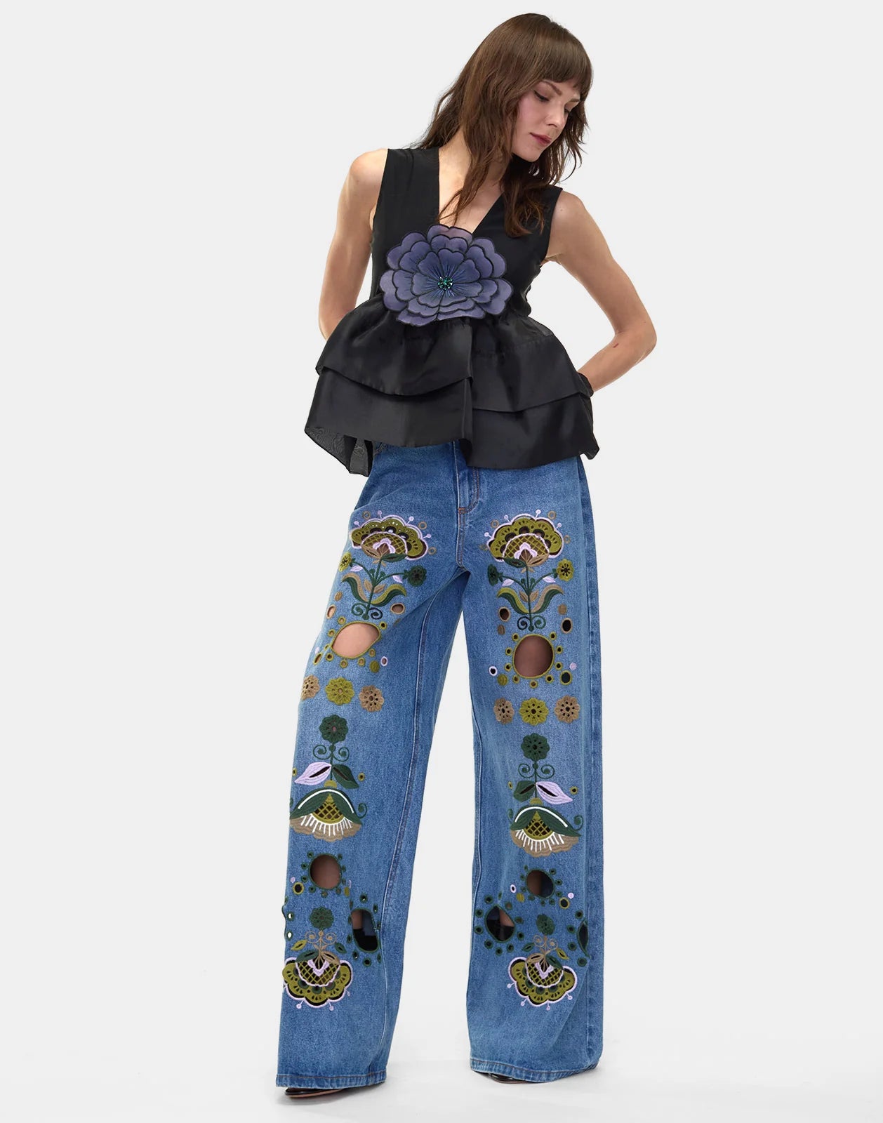 Embroidered Wide Leg Jean