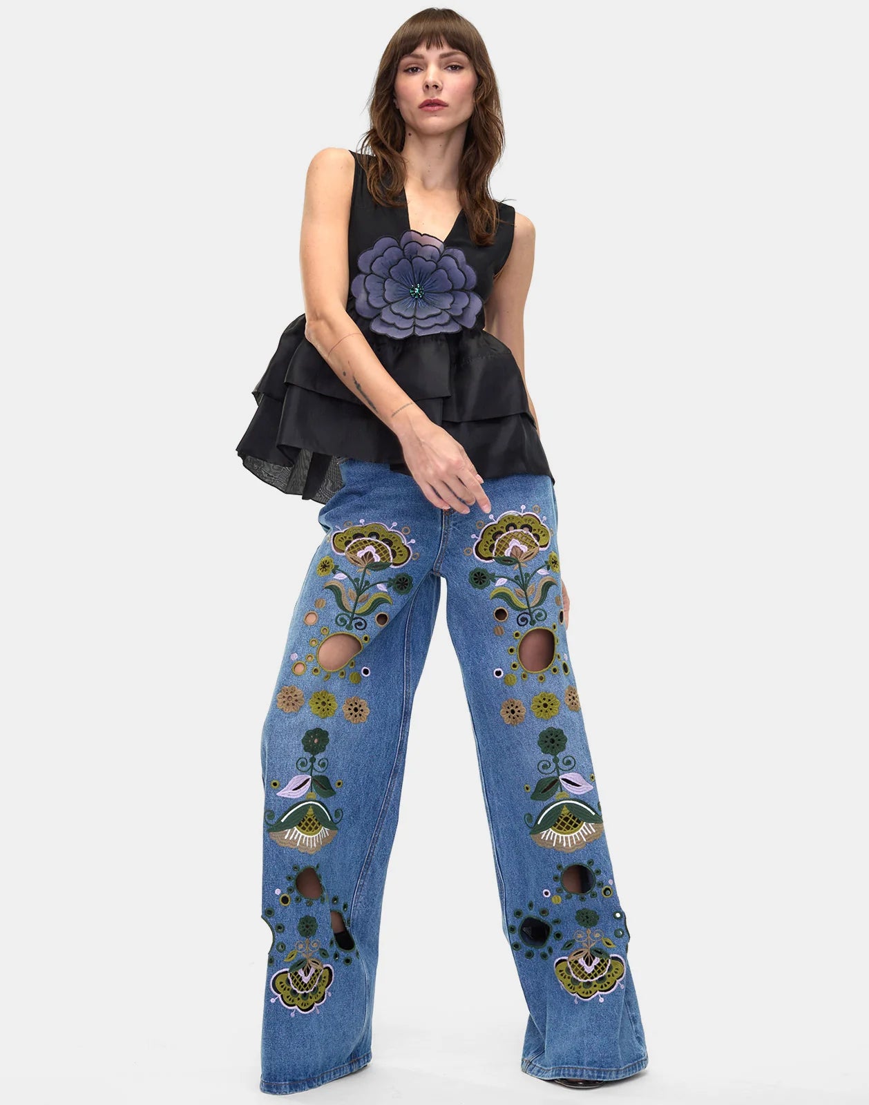 Embroidered Wide Leg Jean