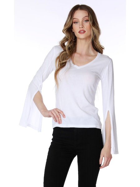 V Neck Wide Split Sleeve Top in White