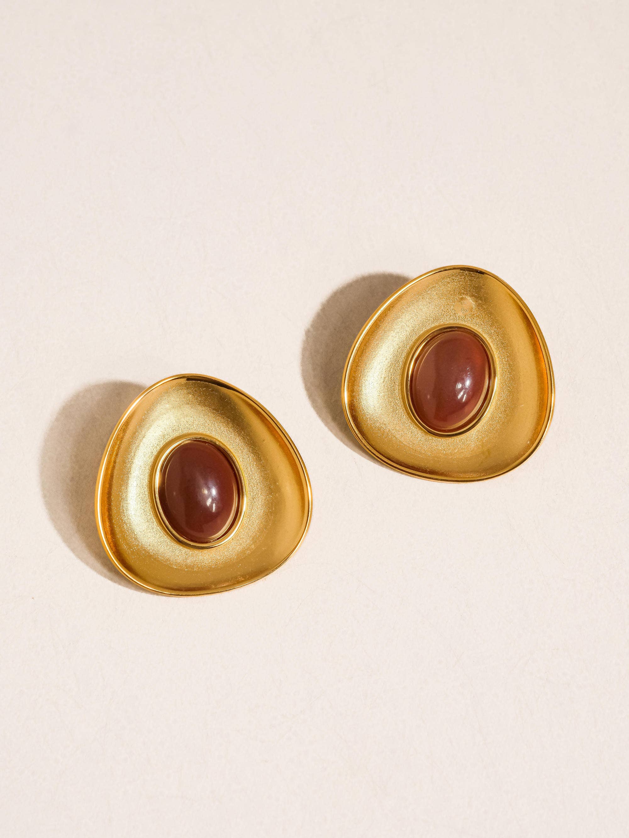 Vionnet 18K Gold Non-Tarnish Gemstone Oval Earrings: Burgundy