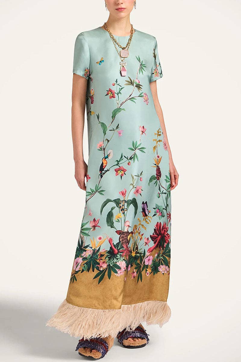 Annabeth Fringe Short Sleeve Floral Maxi Dress