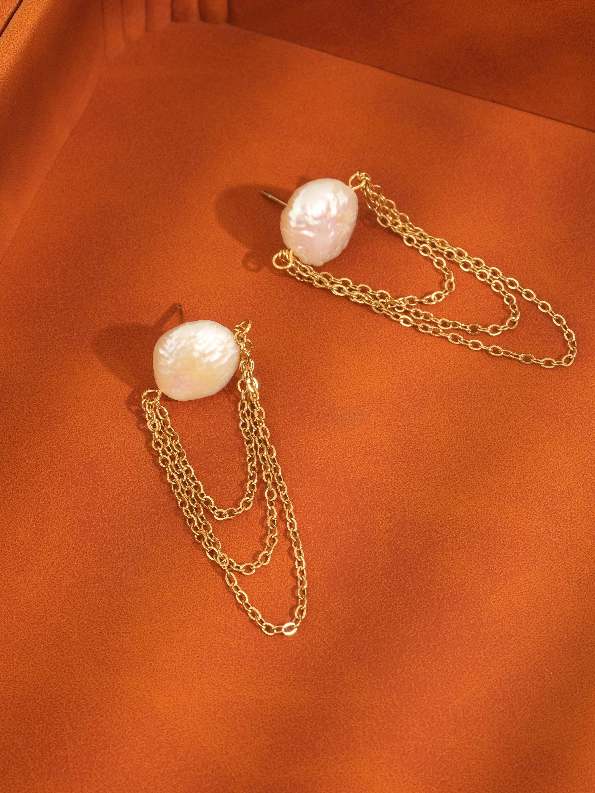 Shynelle 18K Gold Non-Tarnish Baroque Pearl Chain Earrings: Yellow Gold
