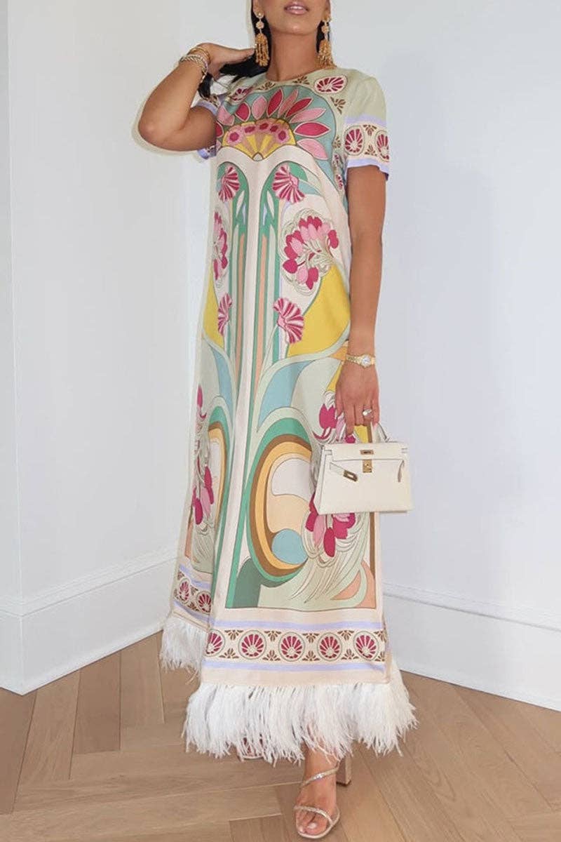 Annabeth Fringe Short Sleeve Floral Maxi Dress