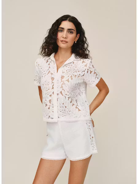 Short Sleeve Contrast Button Down - White