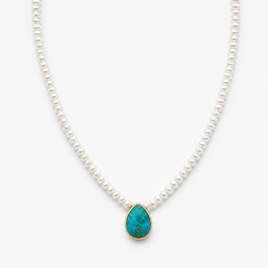 Turquoise Bezel stone Pearl Necklace: PINK OPAL / One Size - 18" / JDF22-N12-TRQ