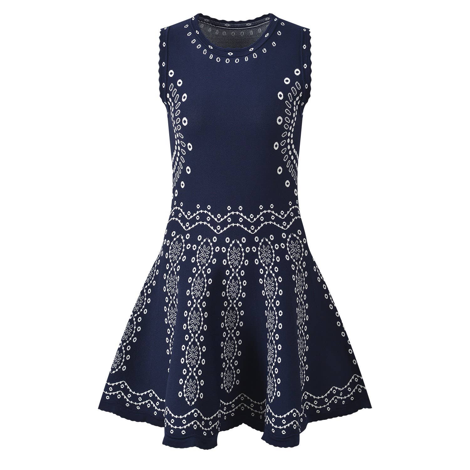 Contrast Jacquard Knit Sleeveless Fit Flare Dress