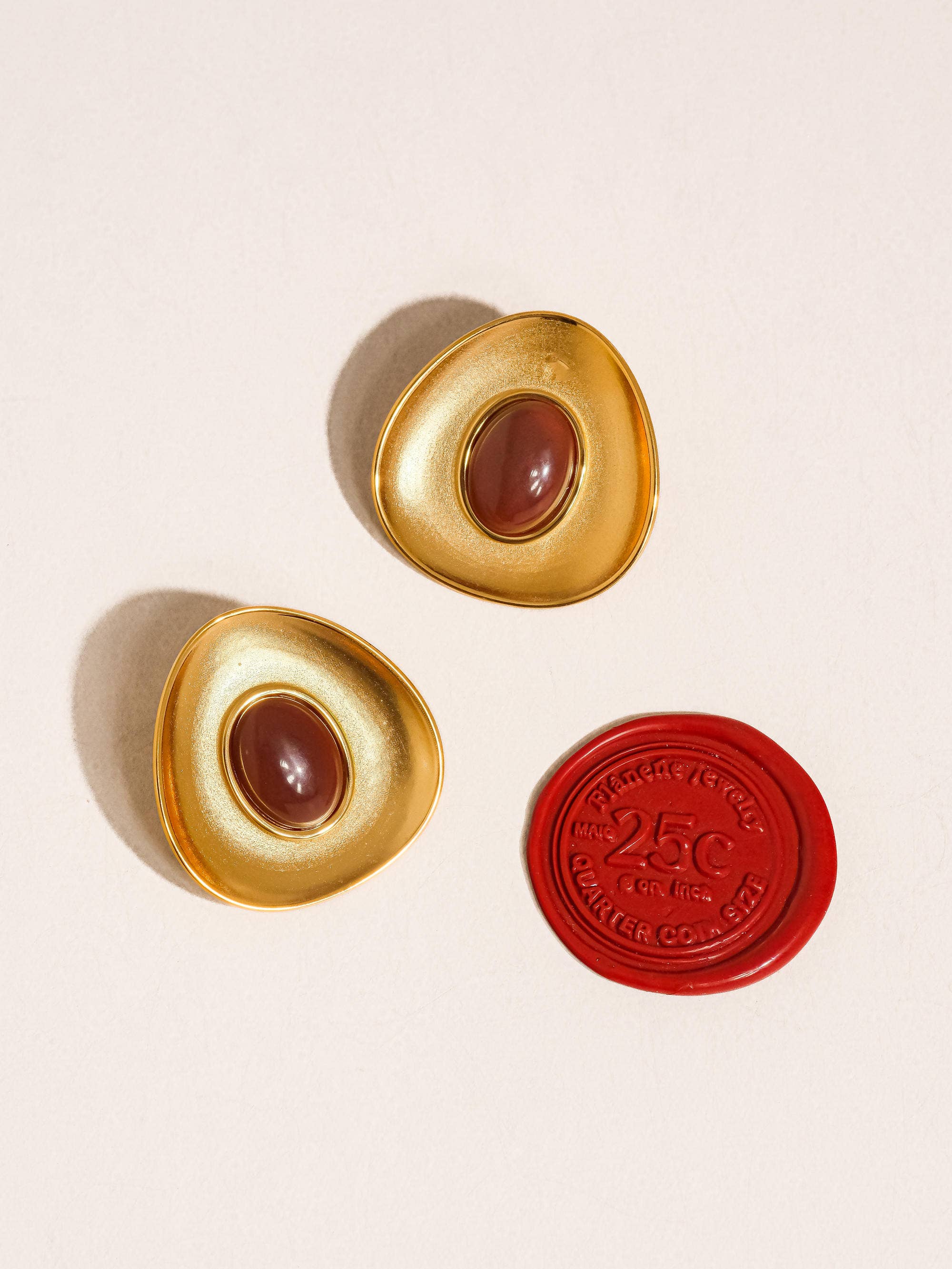 Vionnet 18K Gold Non-Tarnish Gemstone Oval Earrings: Burgundy