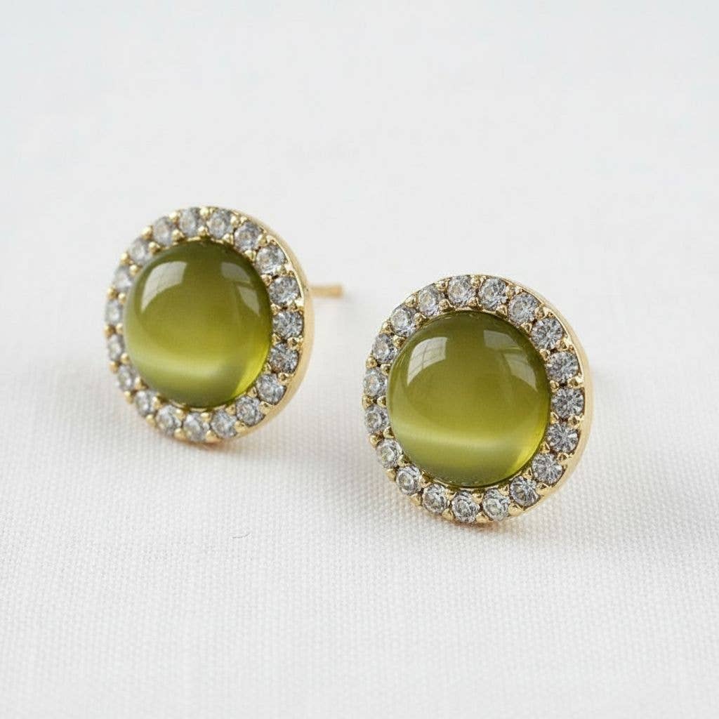 Olive Green Glass Cat Eye Earrings