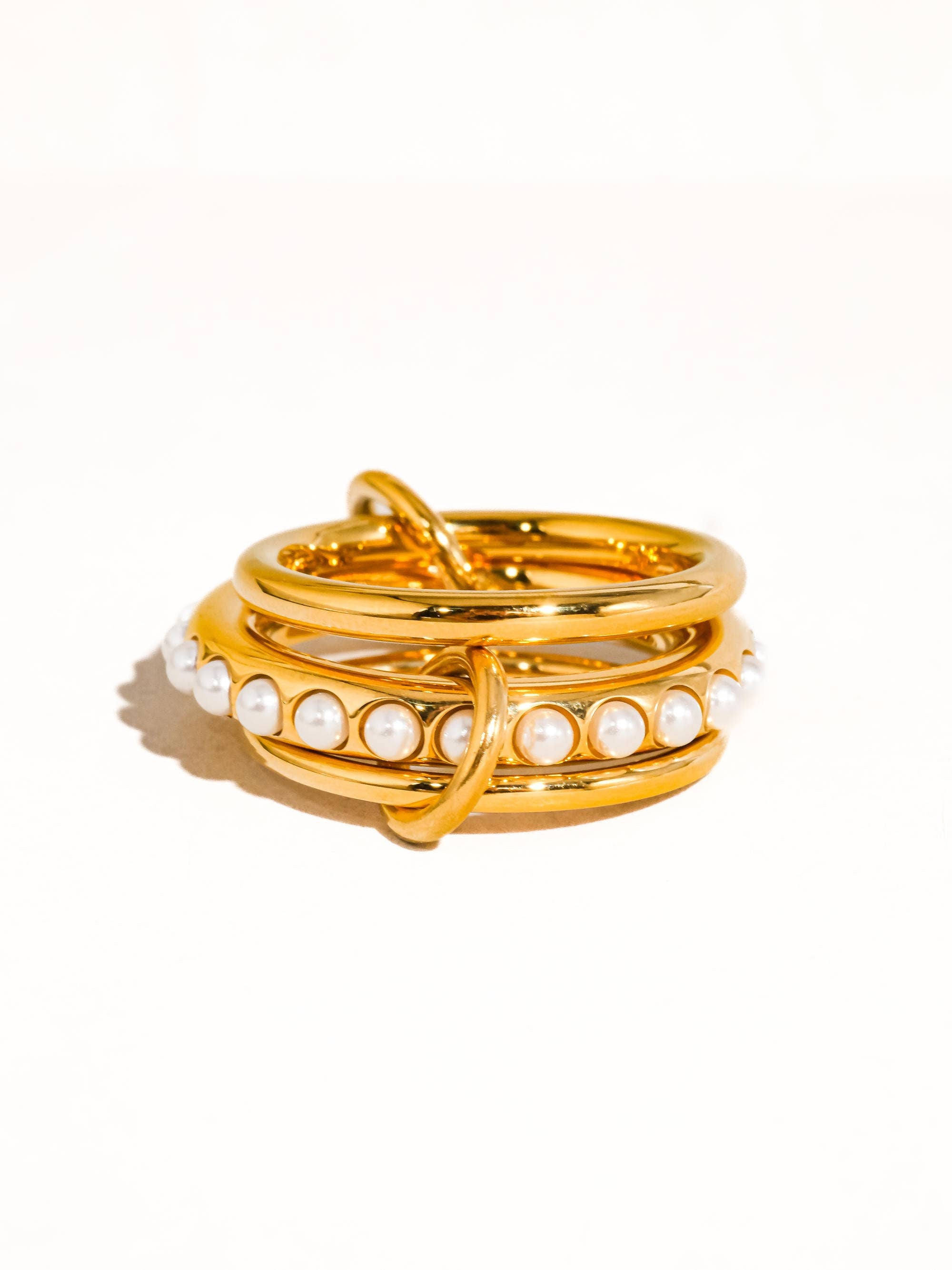 Danton 18K Gold Non-Tarnish Multi Stack Pearl Band Ring: Yellow Gold / 8