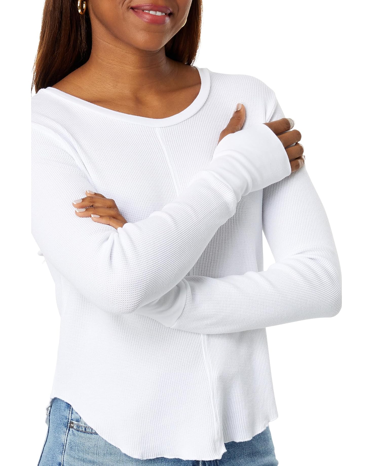 Crew Neck Crop Tee with Thumbholes in White