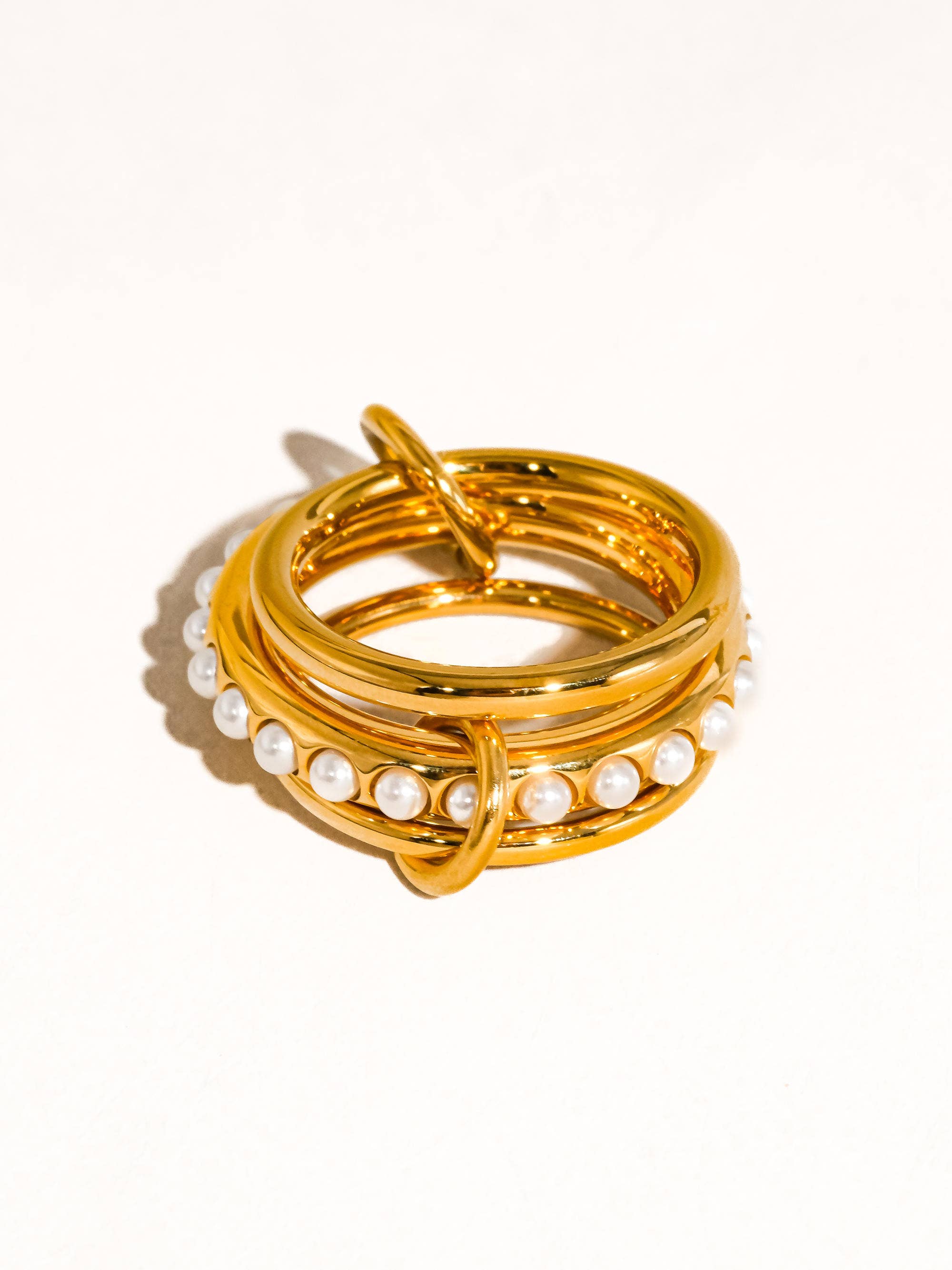 Danton 18K Gold Non-Tarnish Multi Stack Pearl Band Ring: Yellow Gold / 8