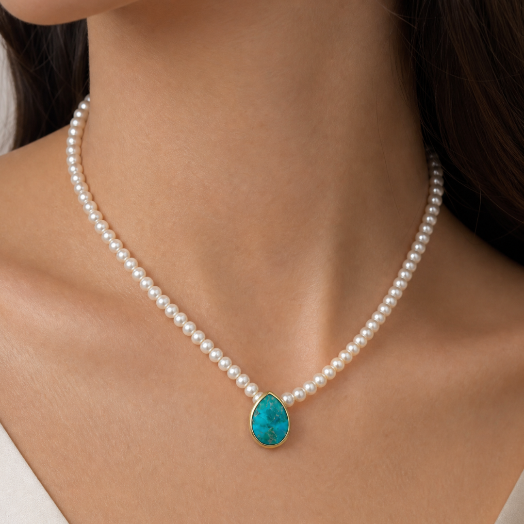 Turquoise Bezel stone Pearl Necklace: PINK OPAL / One Size - 18" / JDF22-N12-TRQ