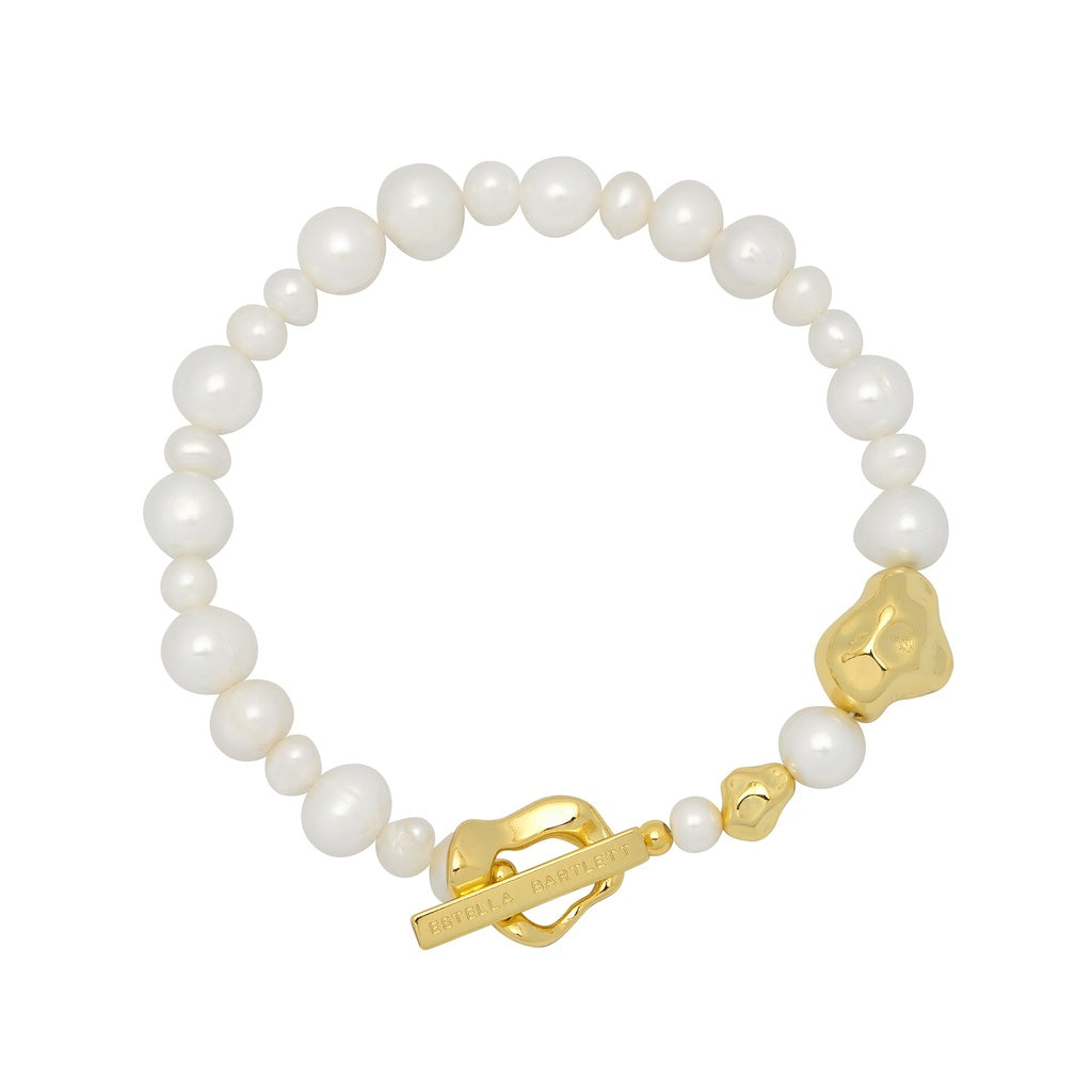 Pearl And Knot Flower T Bar Bracelet - Gold Plated