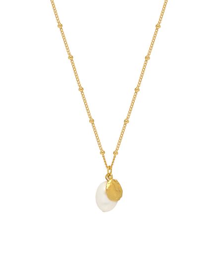 Textured Coin &amp; Pearl Charm Necklace - Gold Plated