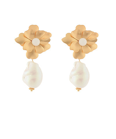 Golden Flower Pearl Drop Earring