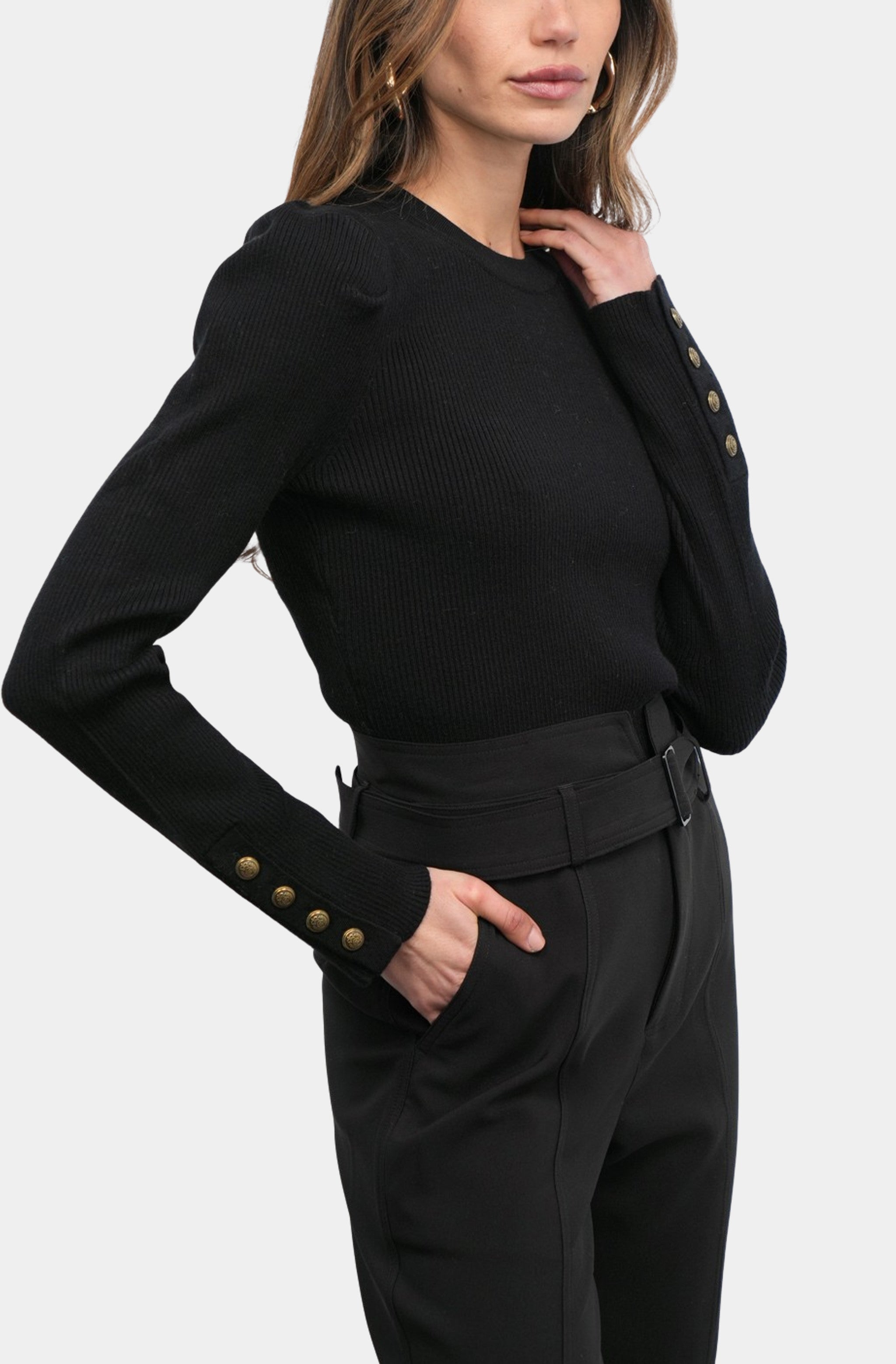 Dani Button Puff Sleeve Ribbed Knit Top