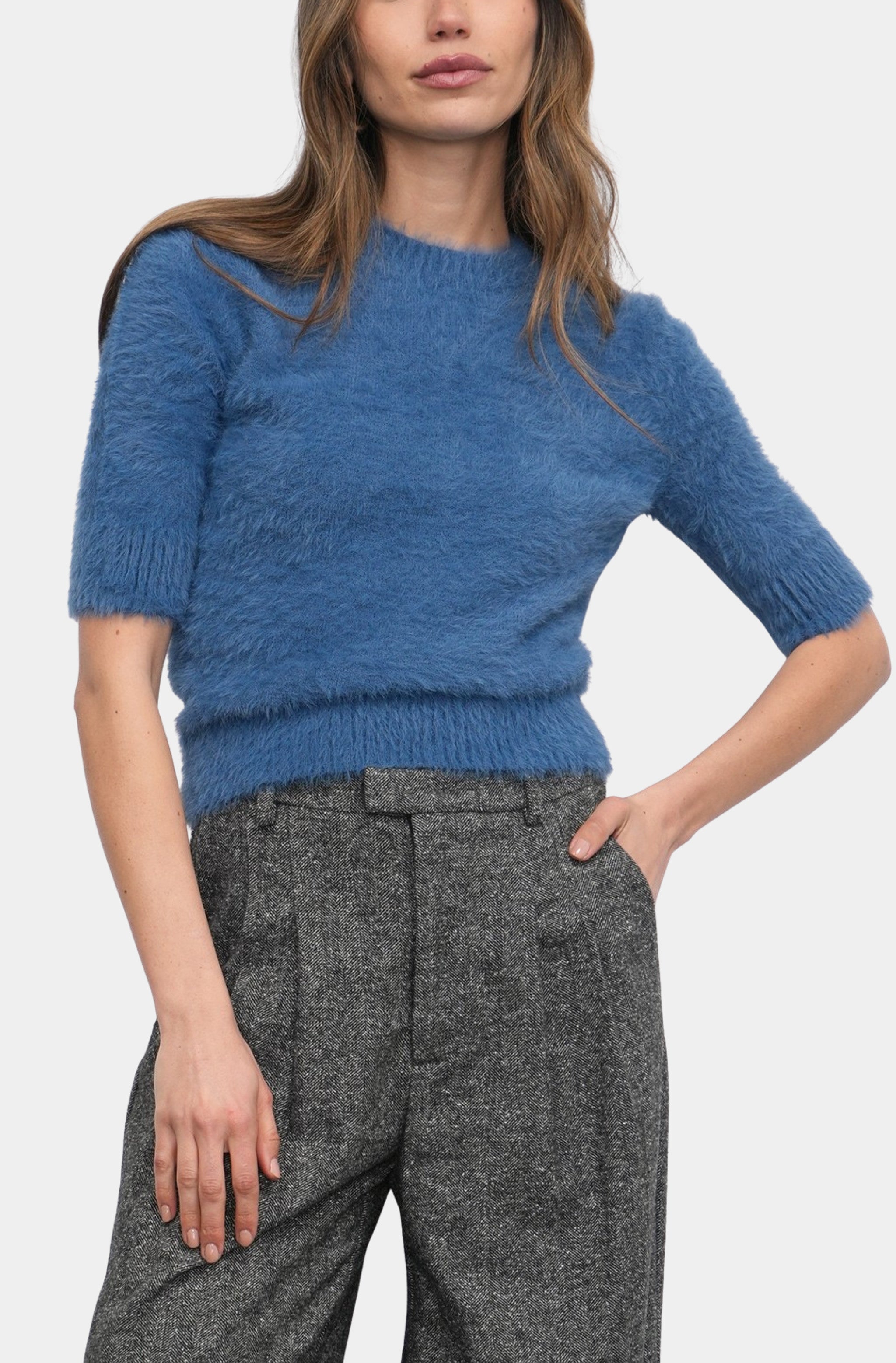 Odette Fuzzy Elbow Sleeve Knit Top