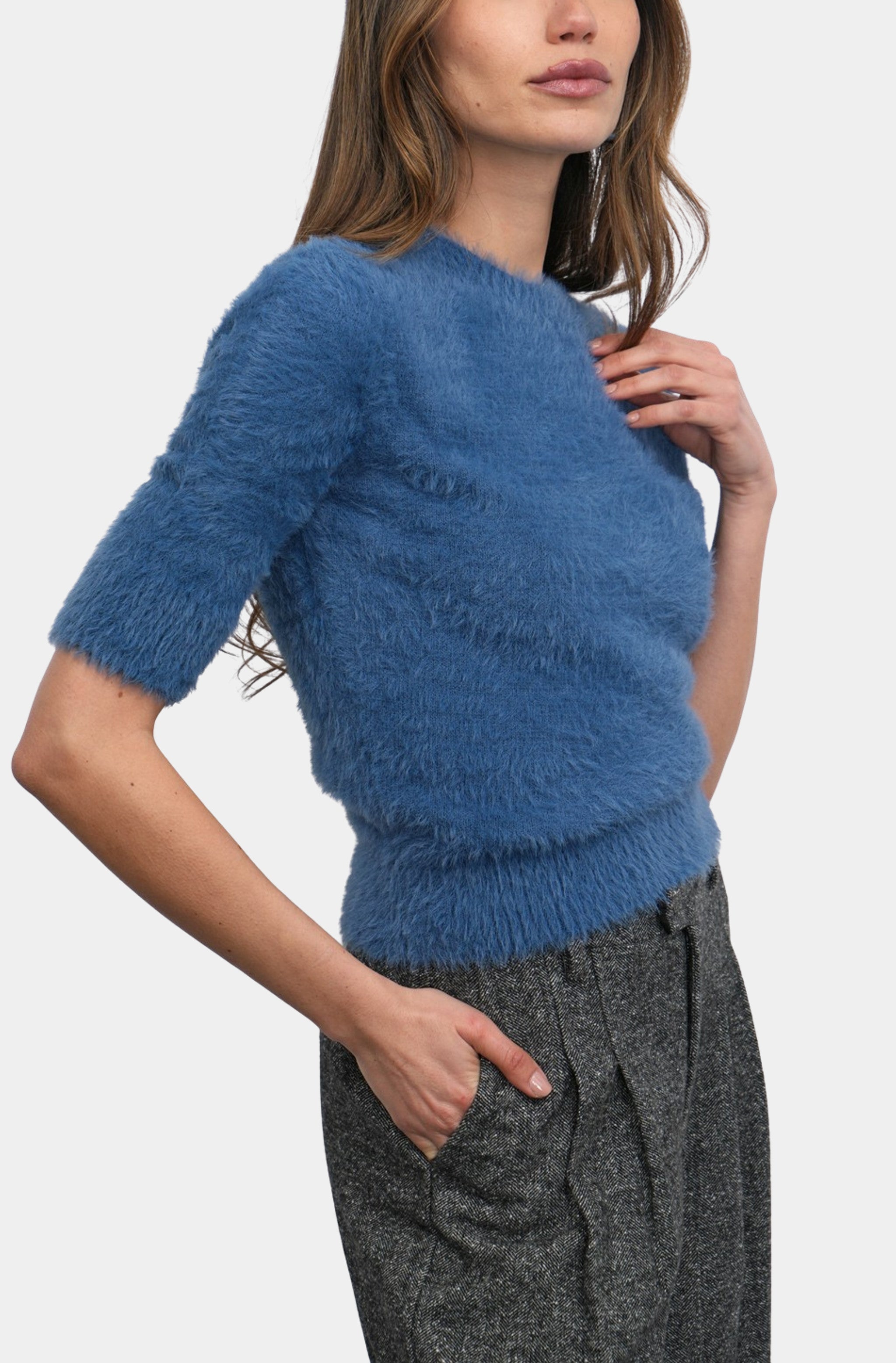 Odette Fuzzy Elbow Sleeve Knit Top