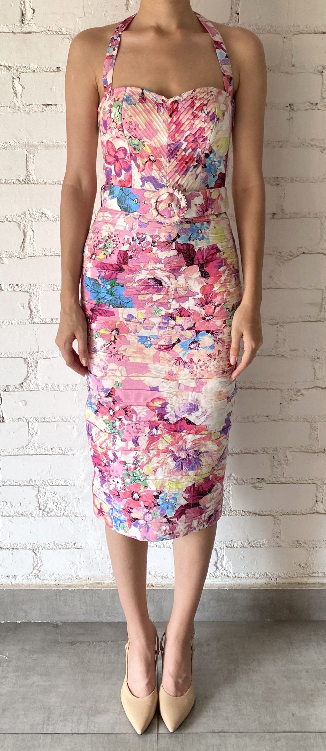 Midi Dress with Buckle Belt in Pink Floral