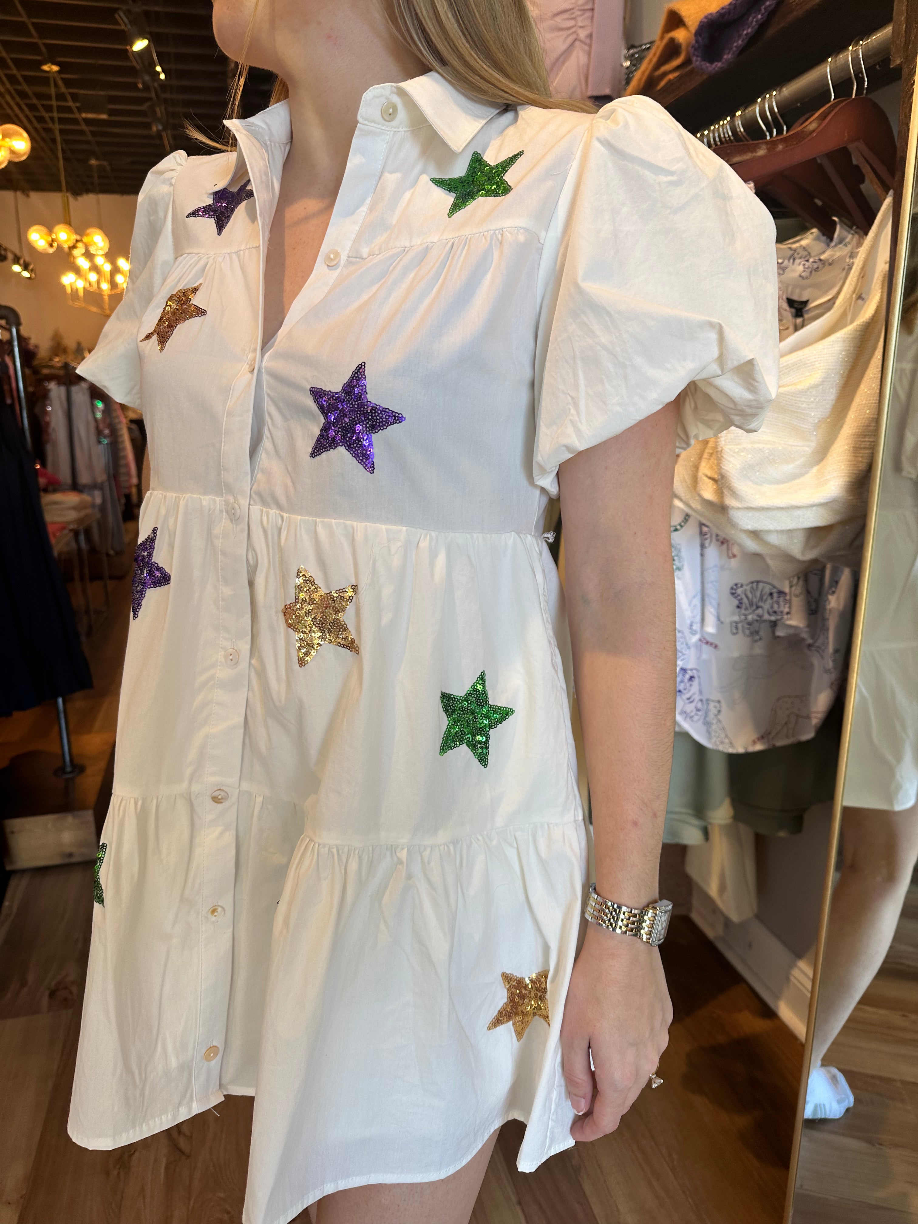 Mardi Gras Glitter Star Smocked Dress