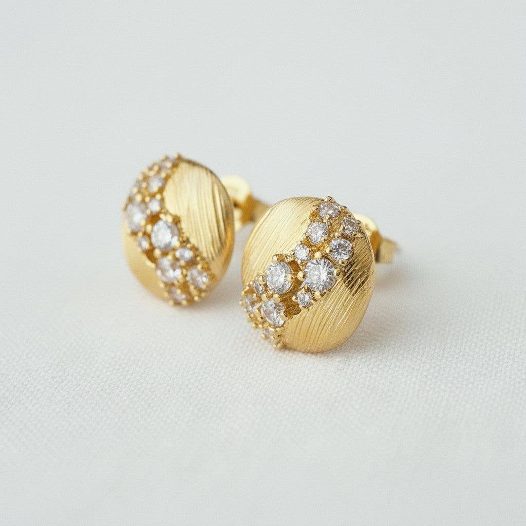 Brushed Round Cubic Zirconia Stud Earrings