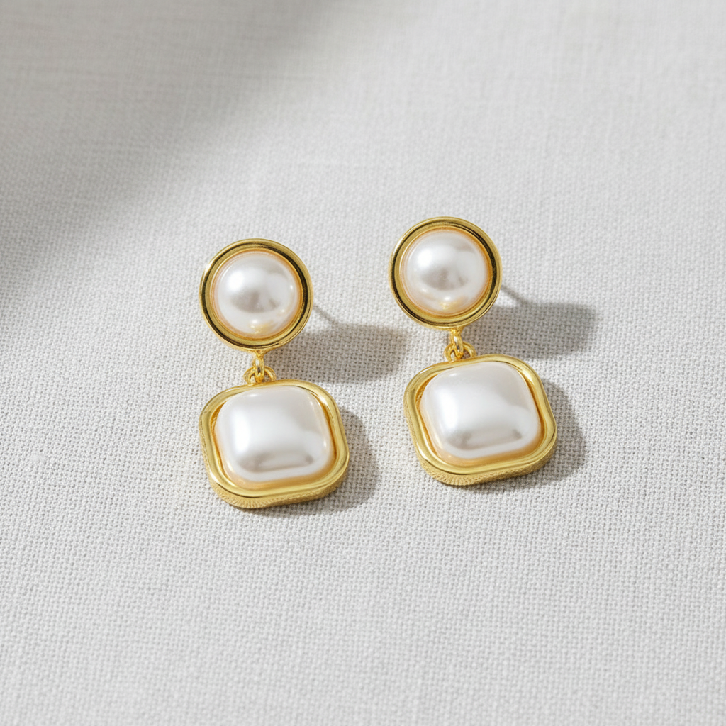 Vintage Geometric Frame Pearl Stud Earrings
