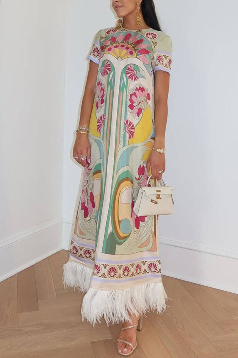 Annabeth Fringe Short Sleeve Floral Maxi Dress