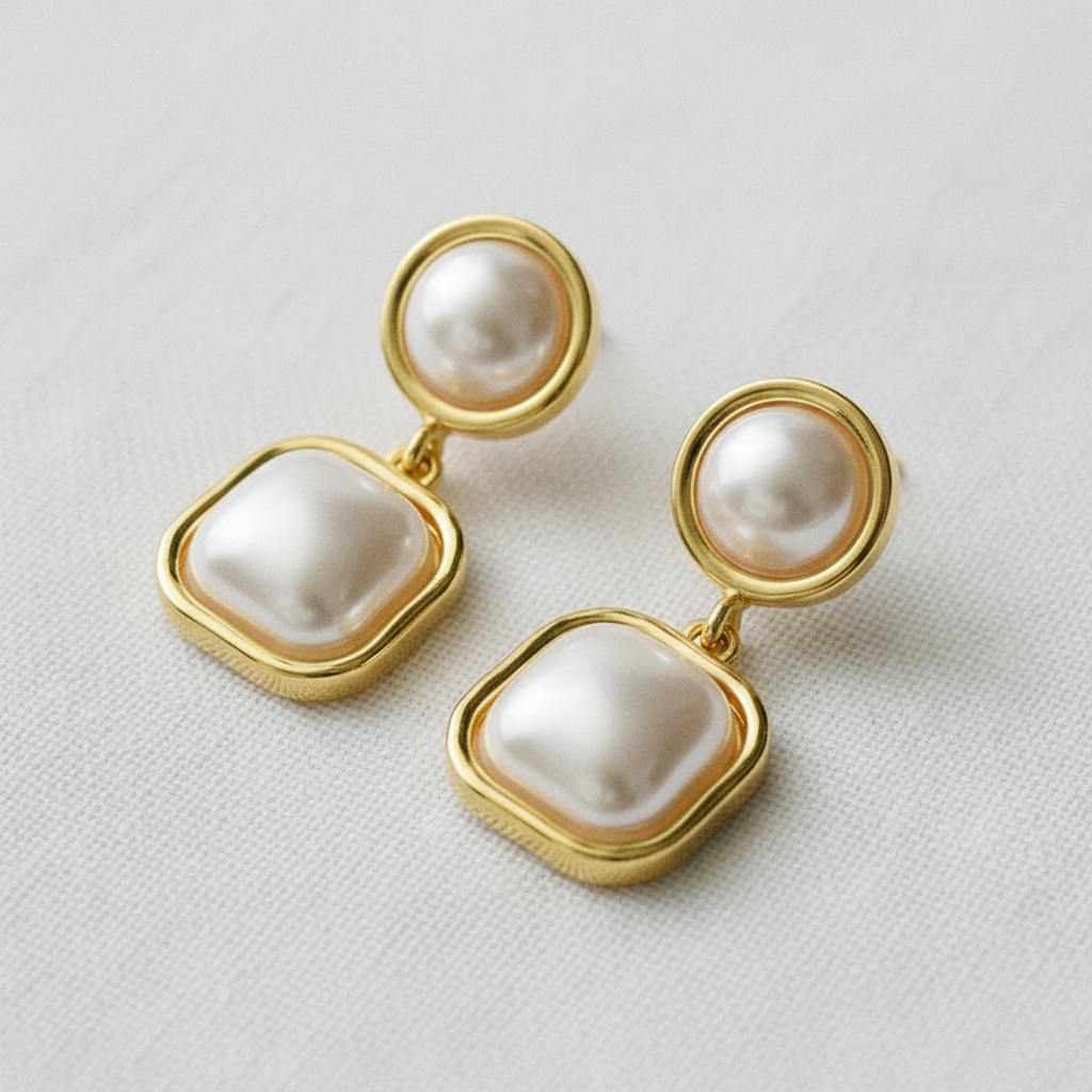 Vintage Geometric Frame Pearl Stud Earrings