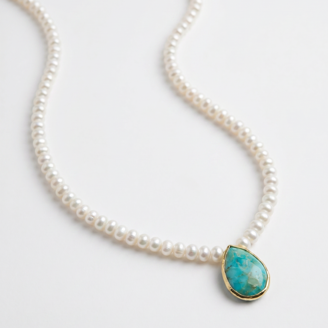 Turquoise Bezel stone Pearl Necklace: PINK OPAL / One Size - 18" / JDF22-N12-TRQ