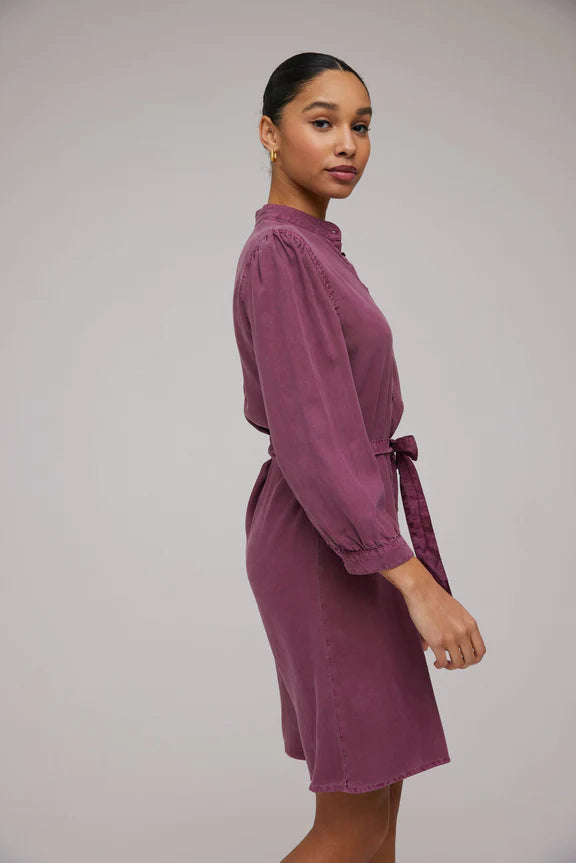 Purple Berry Puff Sleeve Belted Dress
