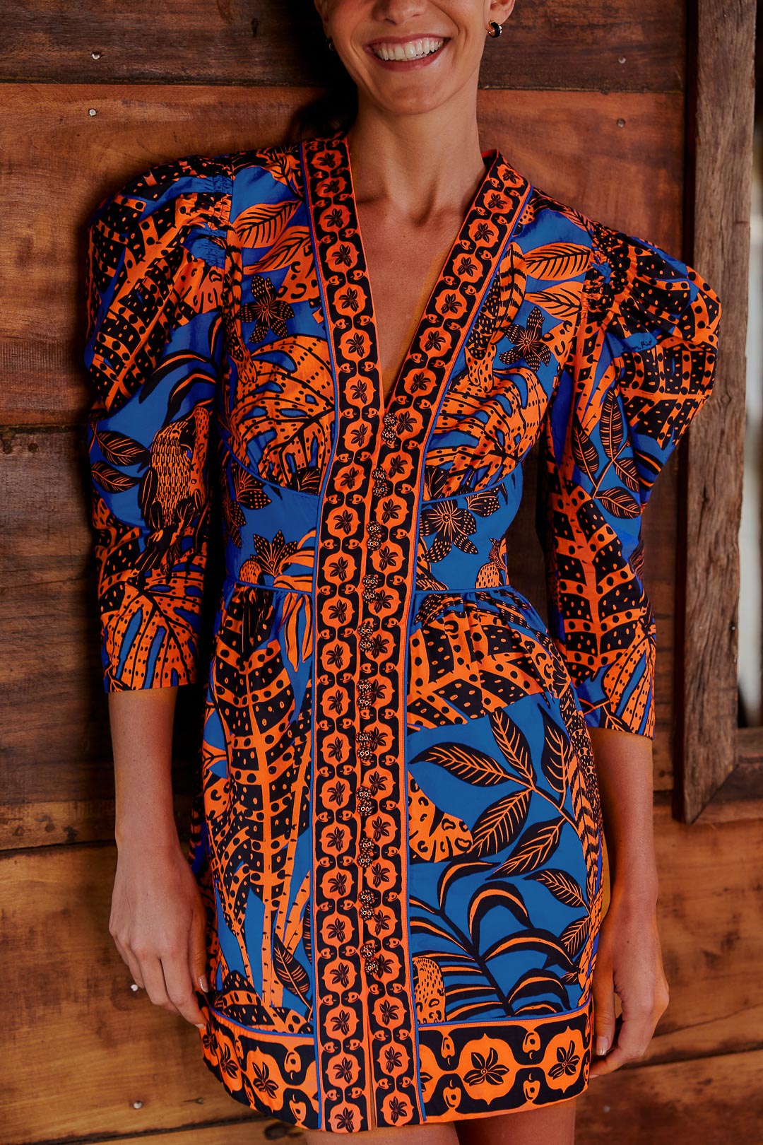 Tropical Gold Blue Short Sleeve Mini Dress