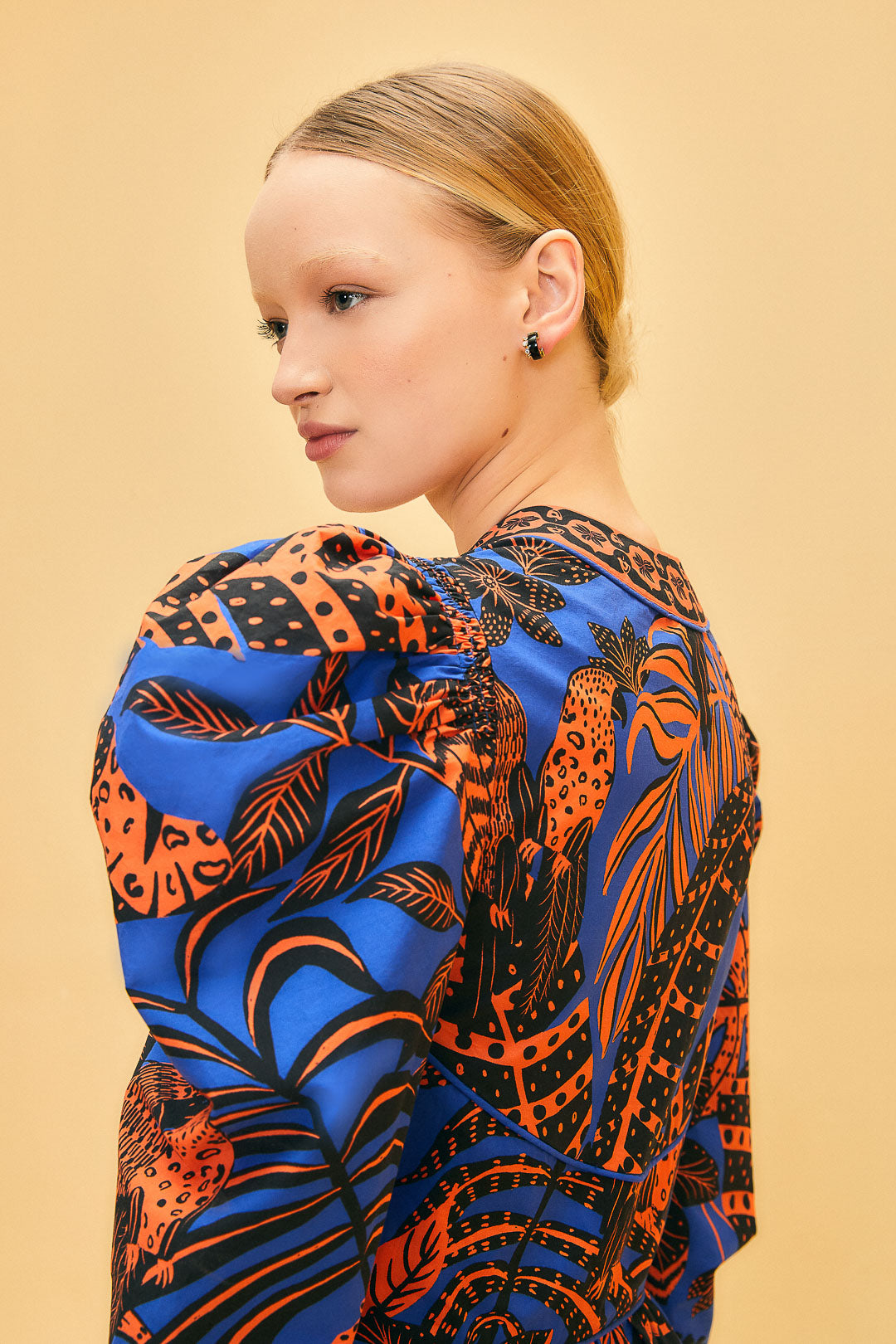 Tropical Gold Blue Short Sleeve Mini Dress