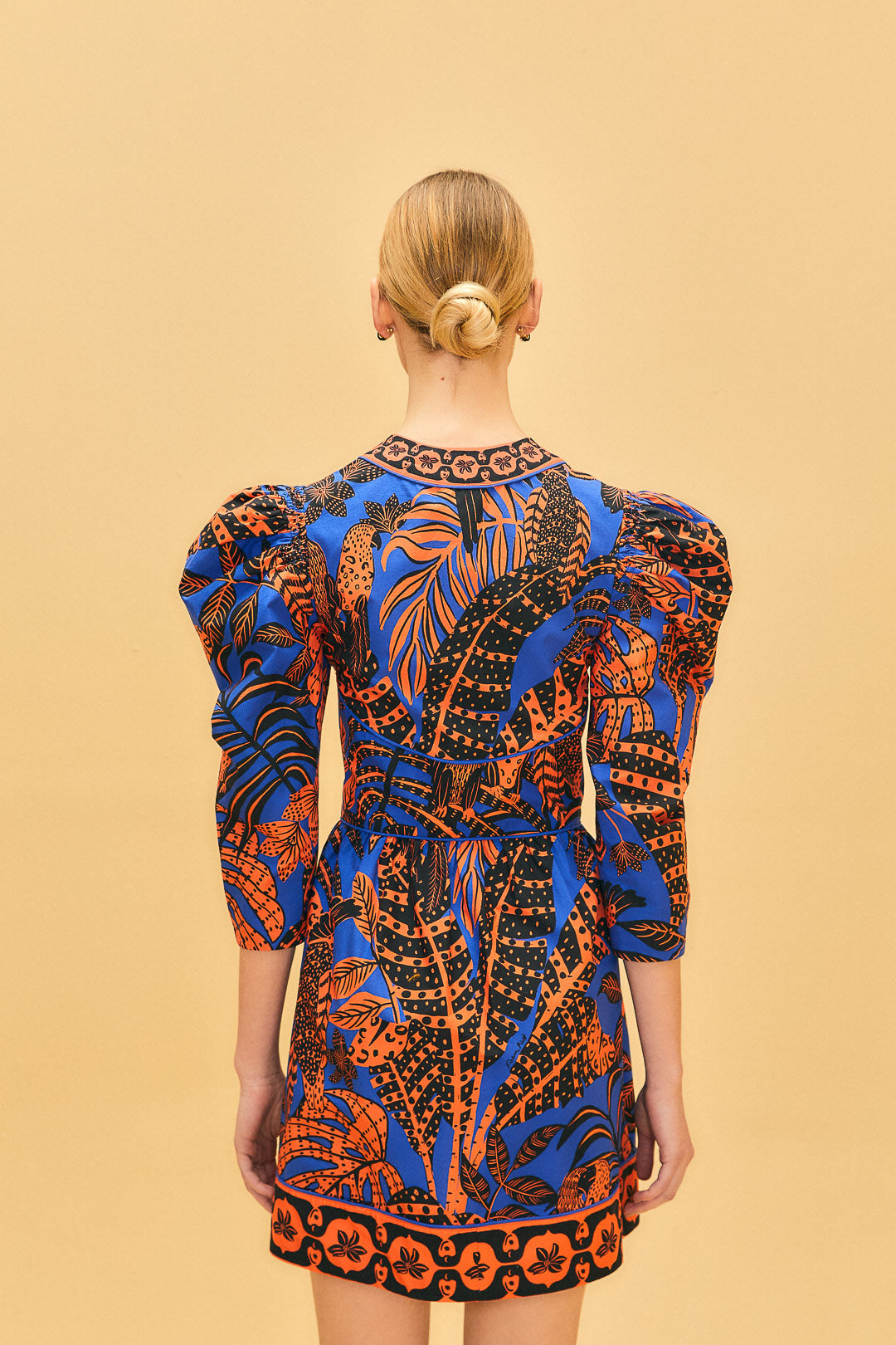 Tropical Gold Blue Short Sleeve Mini Dress