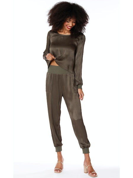 Long Sleeve Rib Mix Top in Army
